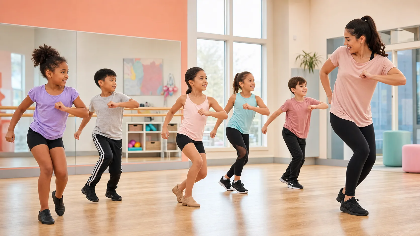 Children learning a beginner dance combination with an instructor in a bright Houston studio