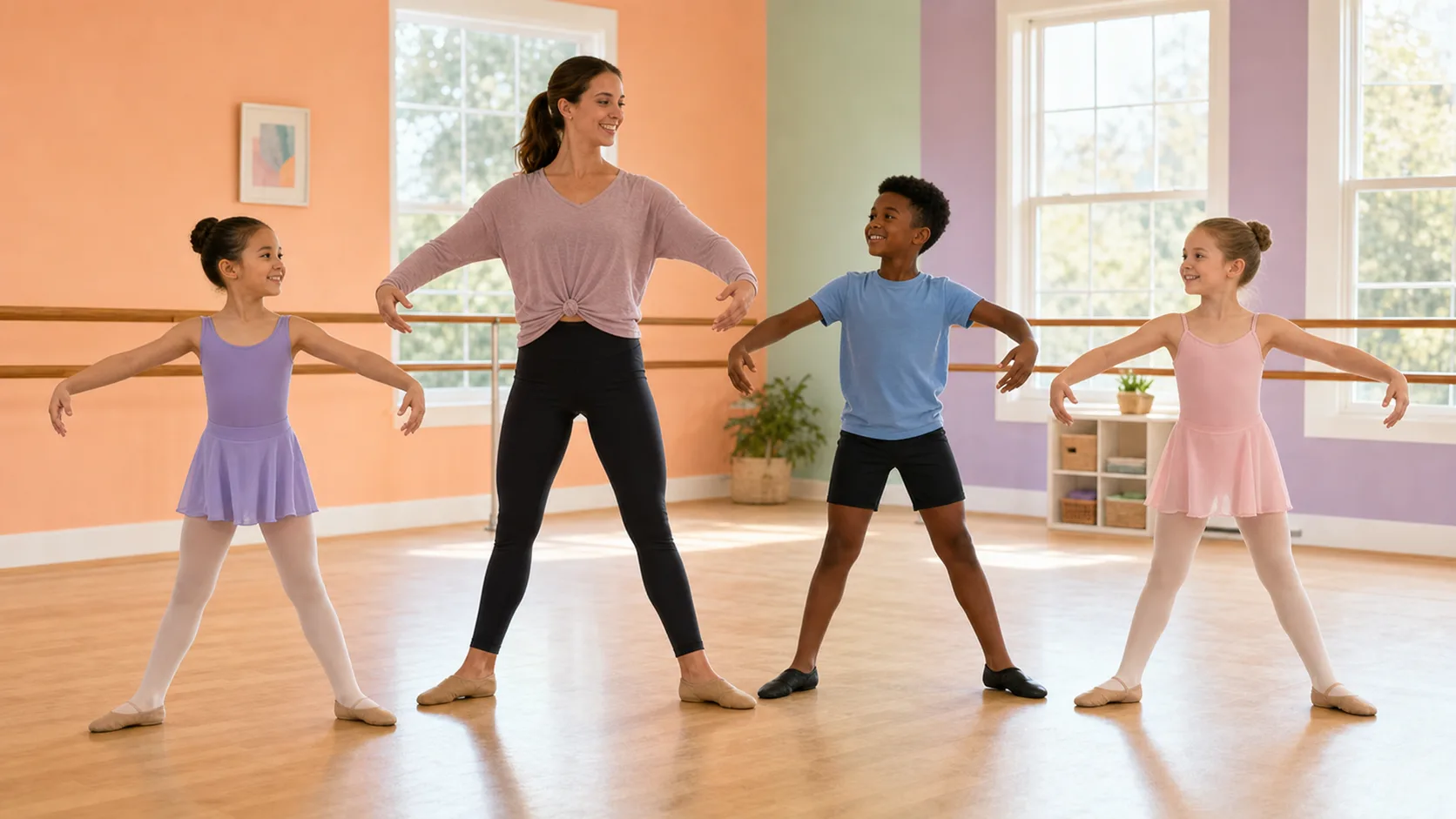Children practicing a beginner dance combination with their teacher in a bright Marietta studio