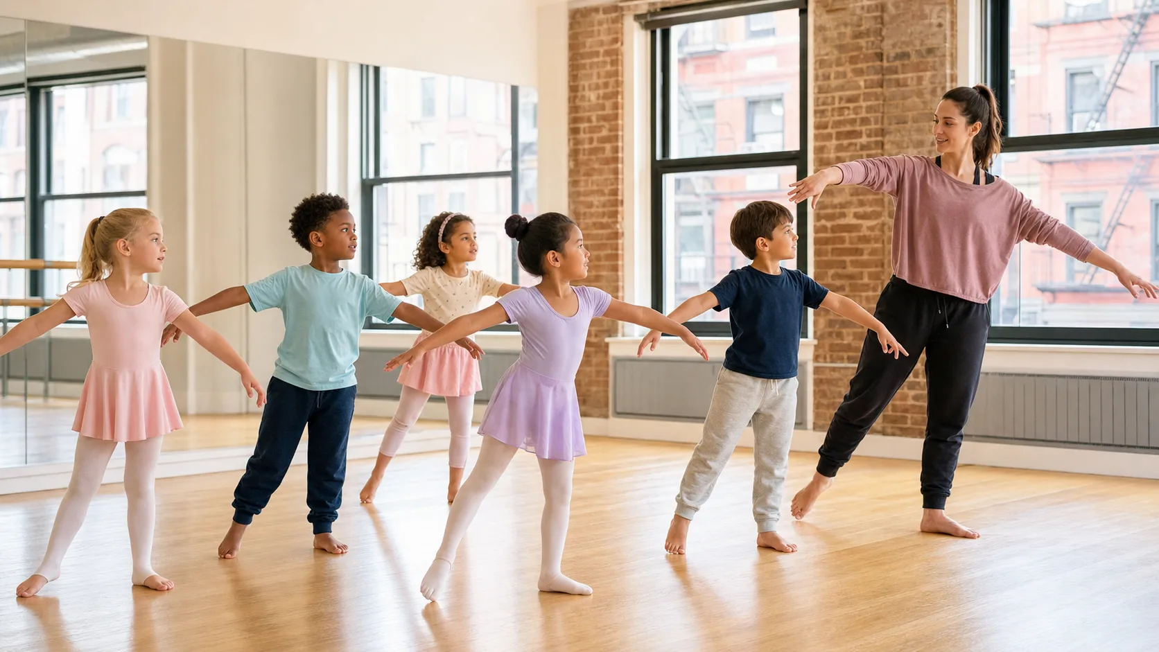 Children practicing beginner dance in a sunny New York City neighborhood studio