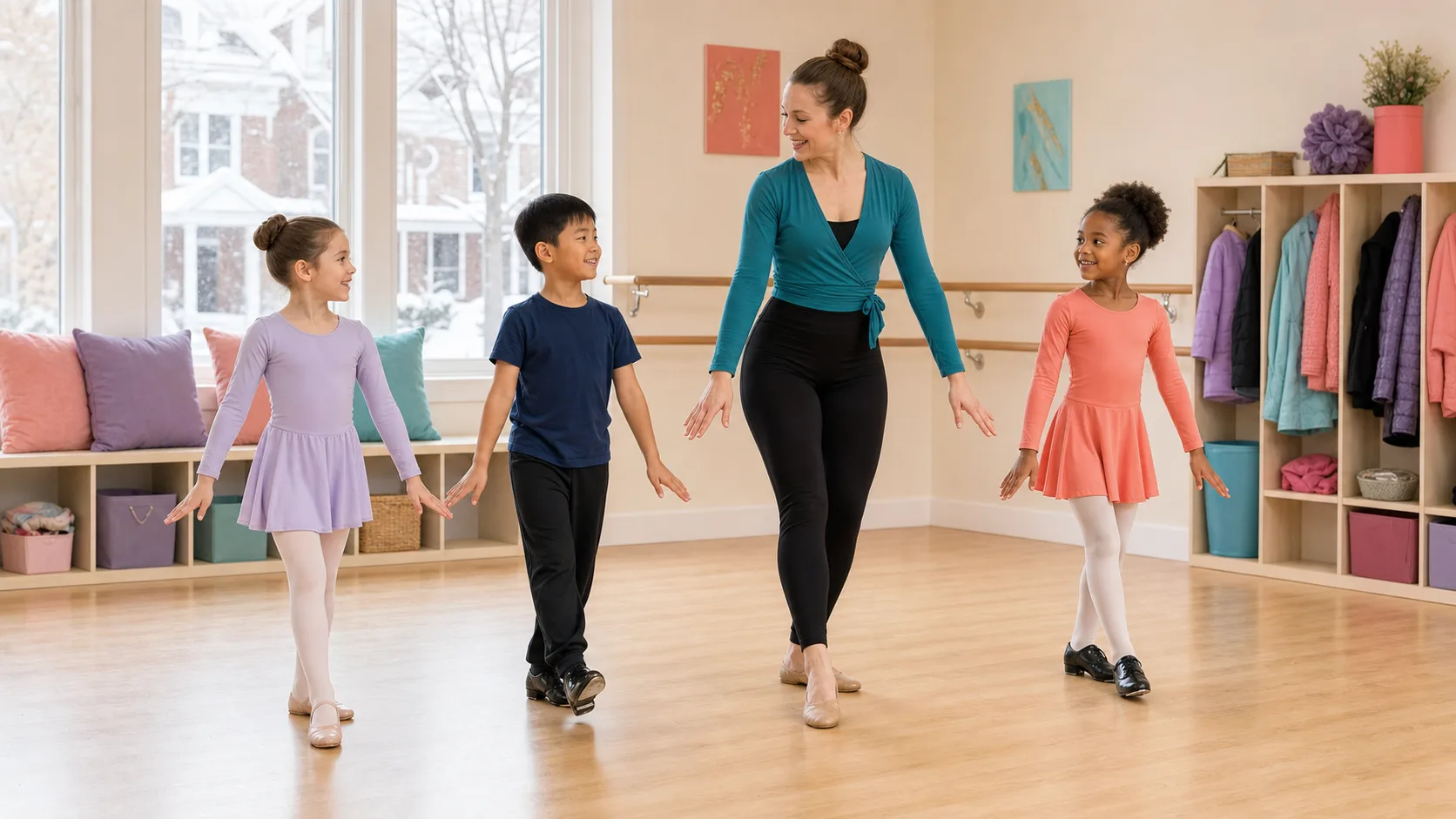 Children practicing a beginner dance combination with their teacher in a bright Rochester studio