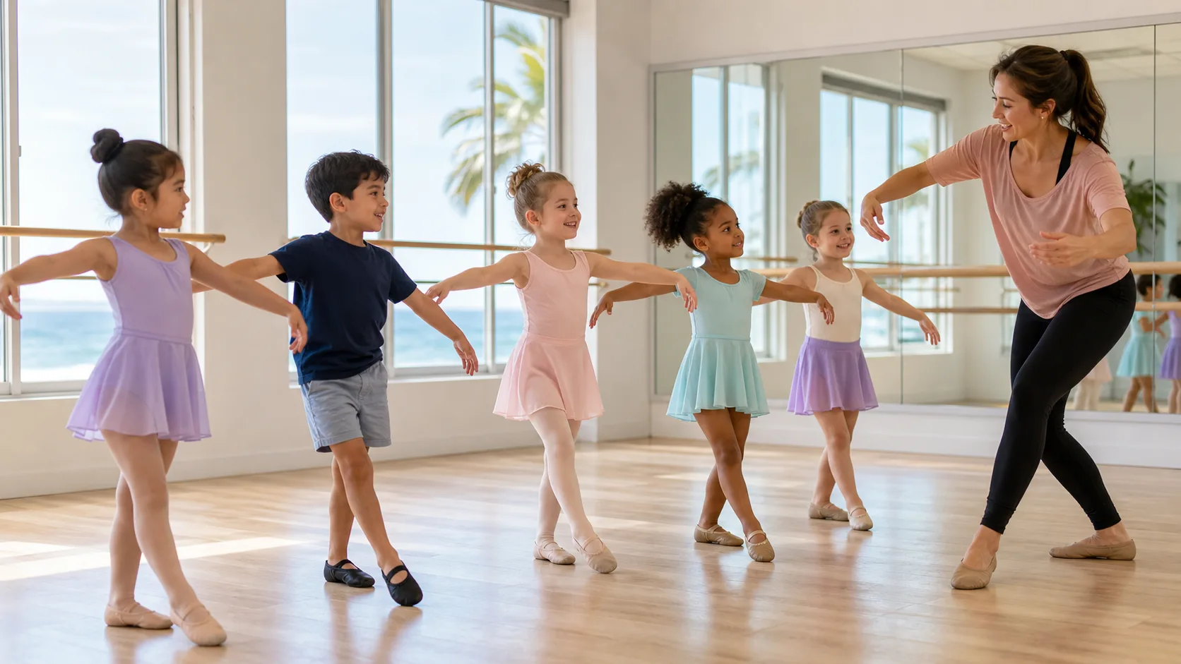 Children practicing beginner ballet and jazz in a sunny San Diego dance studio