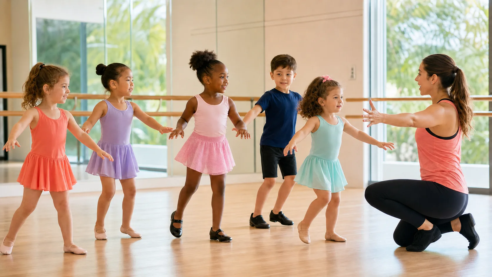 Young children following their dance teacher in a bright Tampa studio